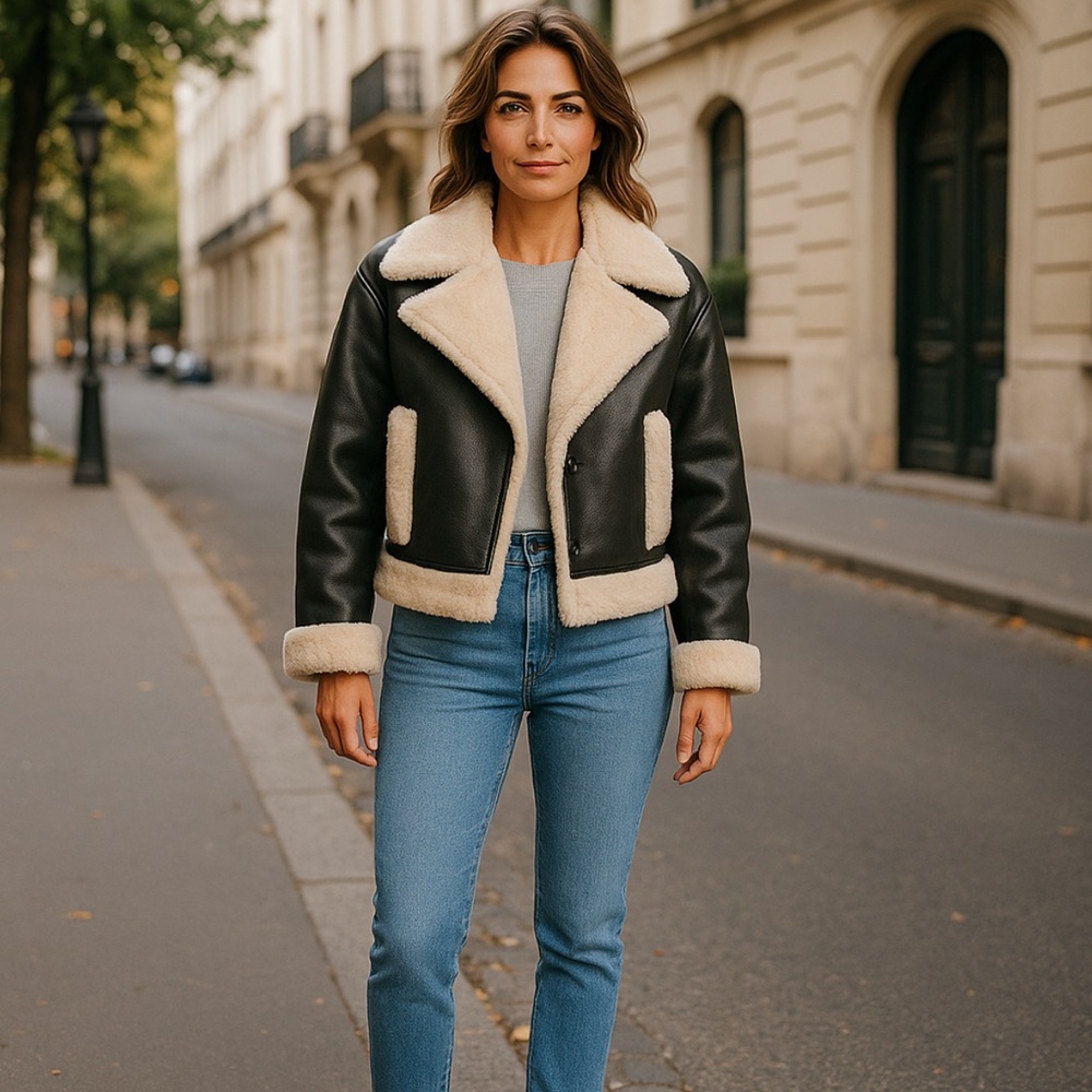 Abercrombie & Fitch Black and Cream Leather Jacket